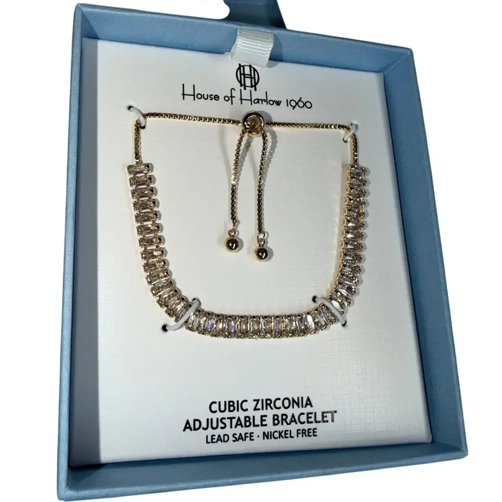 House of Harlow 1960 Gold Baguette cubic zirconia Adjustable Bolo Bracelet (NIB)